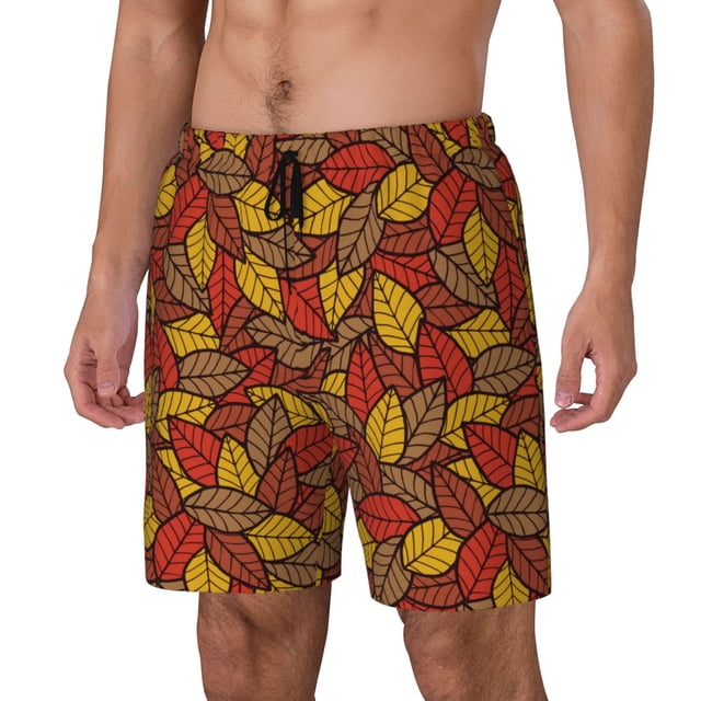Kdxio Fall Leaves Print Mens Swim Shorts with Mesh Lining, Breathable and Quick-Drying, Adjustable Waist, Privacy Pocket-Large