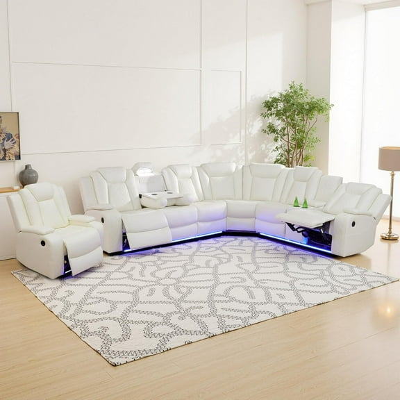 Breathing Leather Power Recliner Sectional Sofa Set, 2 Piece Living Room Furniture, Reclining Corner Couch and Chair with LED/USB Ports/Cup Holders (Cream White)