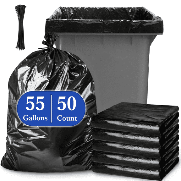 Treamon 55 Gallon Trash Bags (50 Count), Black Heavy Duty Garbage Bags with 100 Zip Ties