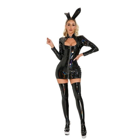 Yuhangmm Women s Dress Bunny Girl Leather Zipper Sparkly Rabbit Ears Headband Stocking Sexy Underwear Long Negligee Lingerie