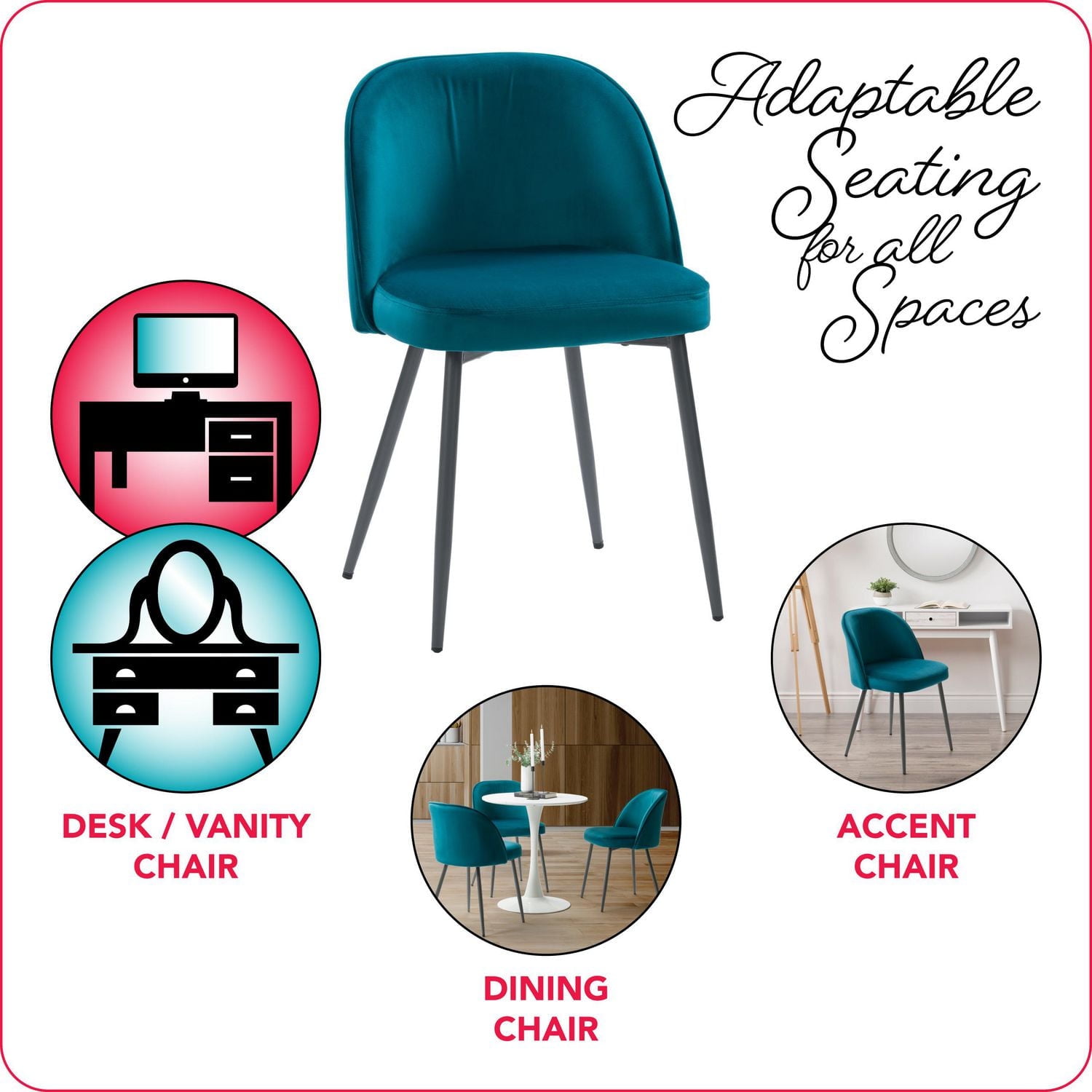 Chaise d'appoint d'intérieur simple rembourrée en velours Ayla avec pieds en acier