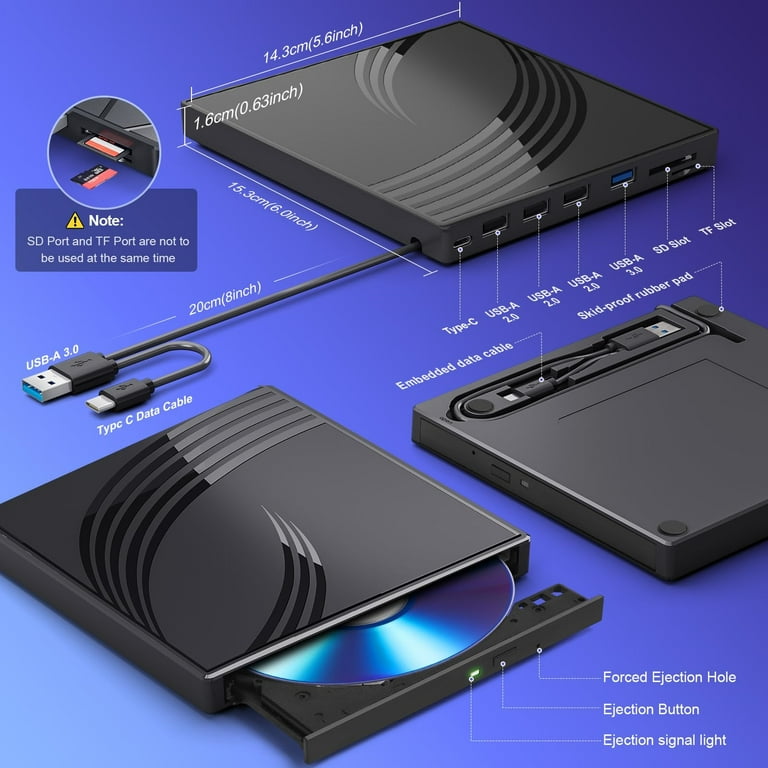 Finopo Portable 8 in 1 External CD DVD Drive for Laptop USB 3.0
