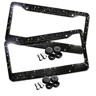 2 Pack Sparkling Black Rhinestone Glitter Mixed Bling Stainless Steel License Plate Frame, Black Rhinestone License Plate Frame