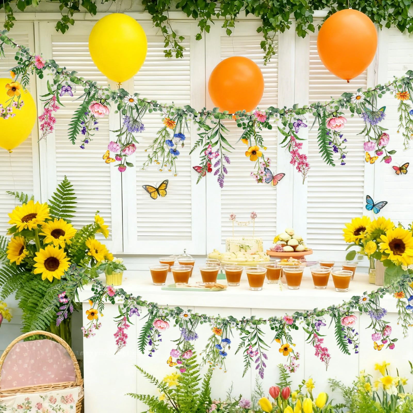 Wildflower Banner 2 Pcs Garden Party Flower Spring Summer Reusable Waterproof Garland 9.8ft For Enchanted Woodland Tropical Wedding Baby Shower Birthday Tea Supplies Girl Decorations