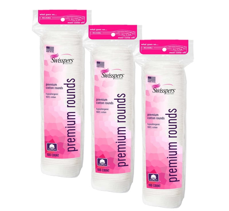 3 Pack | Swisspers Premium Hypoallergenic Cotton Rounds, 100 Count