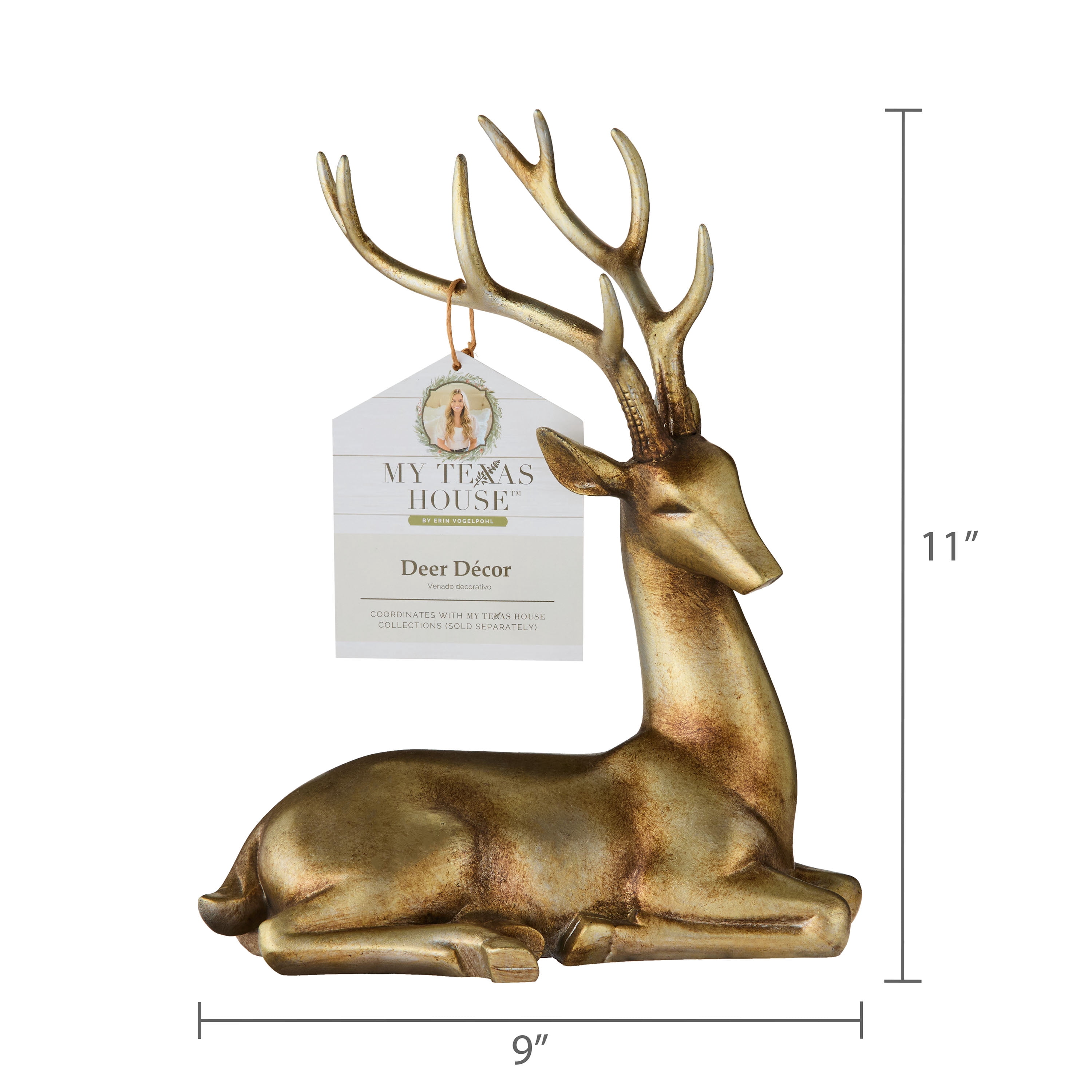 Sitting Deer Christmas Tabletop Decoration, Gold, 11", by My Texas House