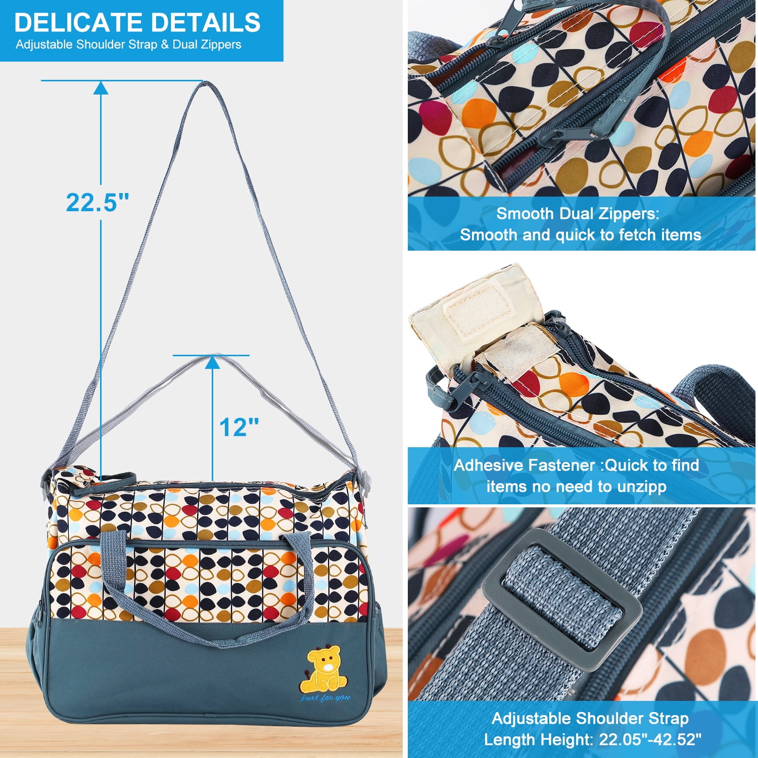 5Pcs Tote Diaper Bag TeqHome Nappy Changing Bag Adjustable Shoulder Strap Mummy Bag with Bottle Holder Grey