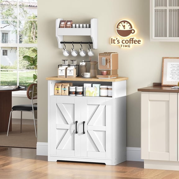 Coffee Bar Cabinet with Storage, Farmhouse Sideboard Buffet for Kitchen Living Room, White and Natural