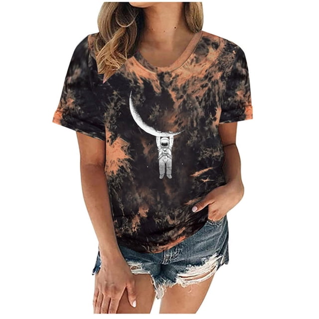 Camiseta con estampado de sol y luna para mujer, camiseta de manga corta con cuello redondo, camiseta informal divertida y bonita para chica adolescente OAVQHLG3B Store lin121212