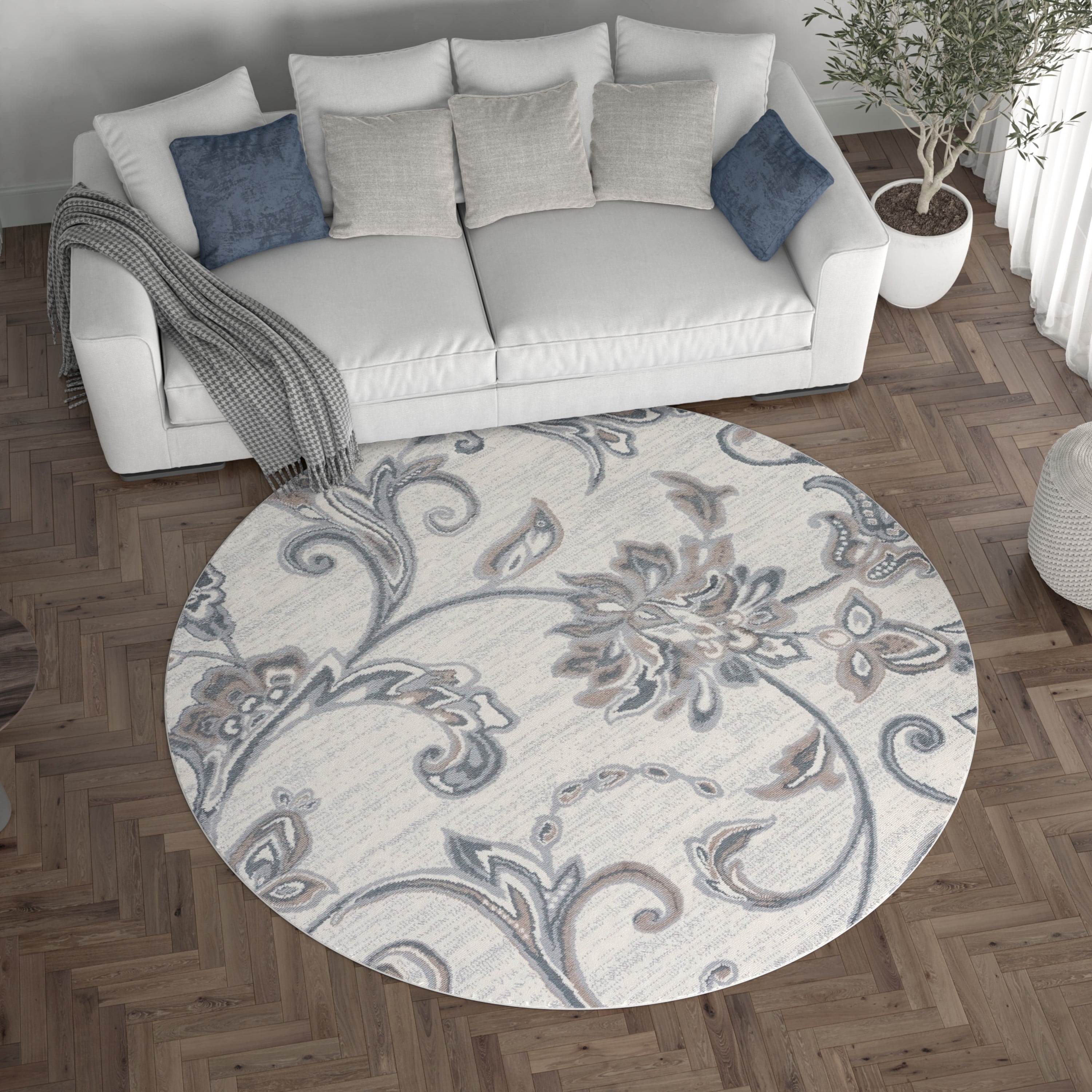 Madison Transitional 5' Round Cream and Gray Polypropylene Indoor Area Rug