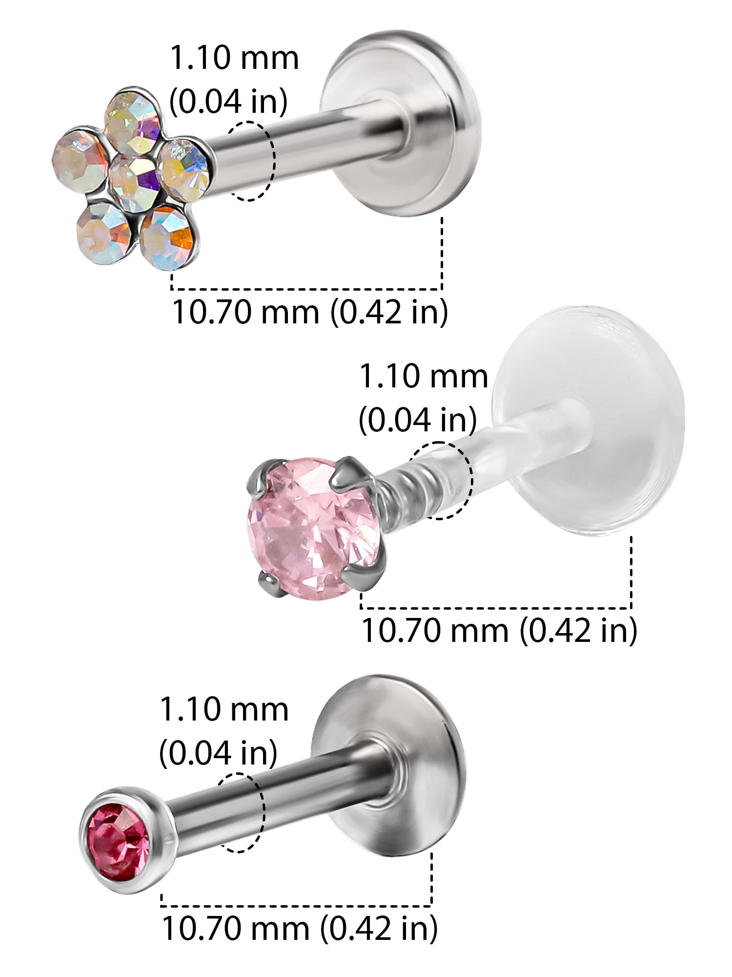 Women's 16-Gauge Pink Crystal Labret & Monroe Body Jewelry Set