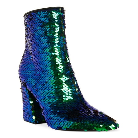 

MADDEN GIRL Womens Green Sequined Cody Pointed Toe Block Heel Zip-Up Booties 5 M