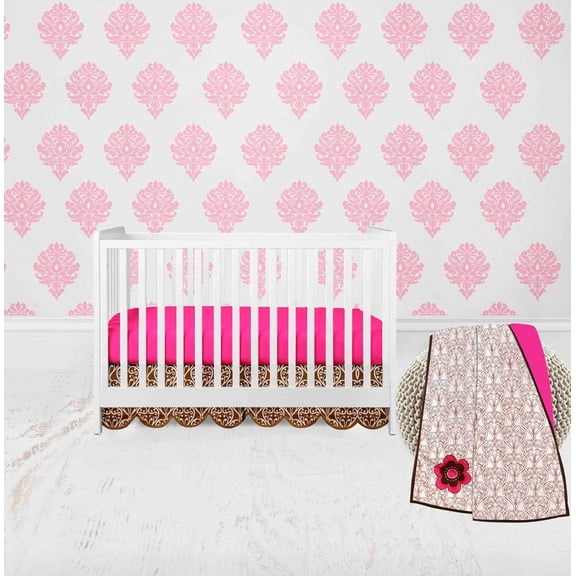 Bacati - Damask Floral 3-Piece Crib Bedding Set - Pink/Chocolate Girls