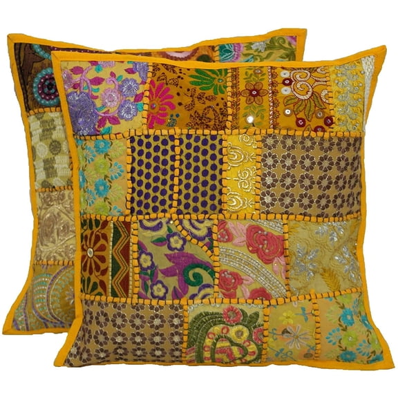 Indian Bohemian Decorative Sofa Throw Pillow Cover 16 Inch Cotton Patchwork Geometric Indian Square Couch Cushion Cover (Size - 40x40 cm ; Color: Yellow )