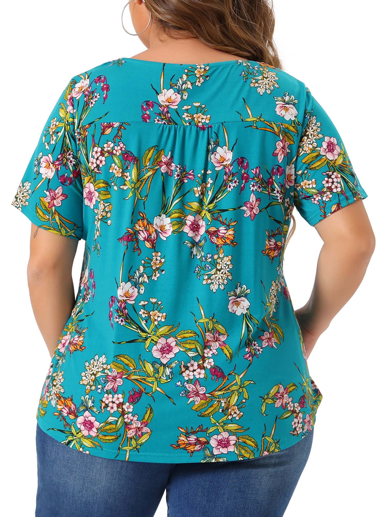 DARING DIVA Women's Plus V Neck Floral Print Casual Top 4X Lake Blue