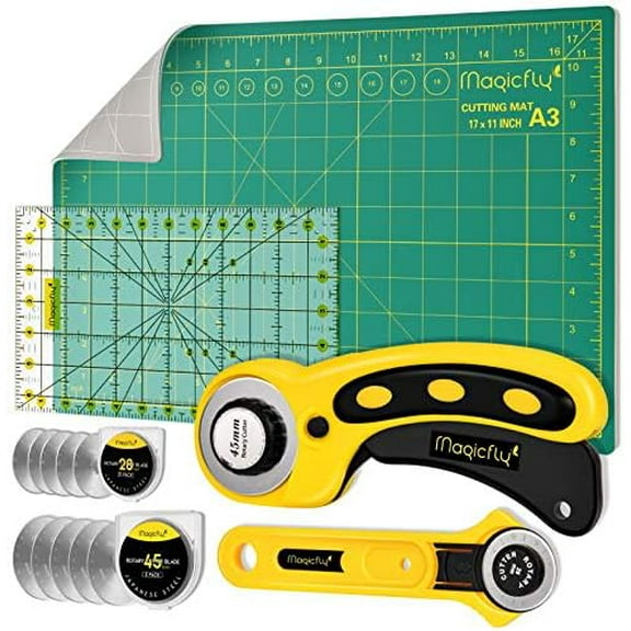 Rotary Cutter Set, 45mm and 28mm Fabric Cutters Kit with Extra 10 Blades, A3 Double-sided Self Healing Cutting Mat, 12x6 Inch Quilting Ruler for Sewing, Fabric Cutting, Art Crafting