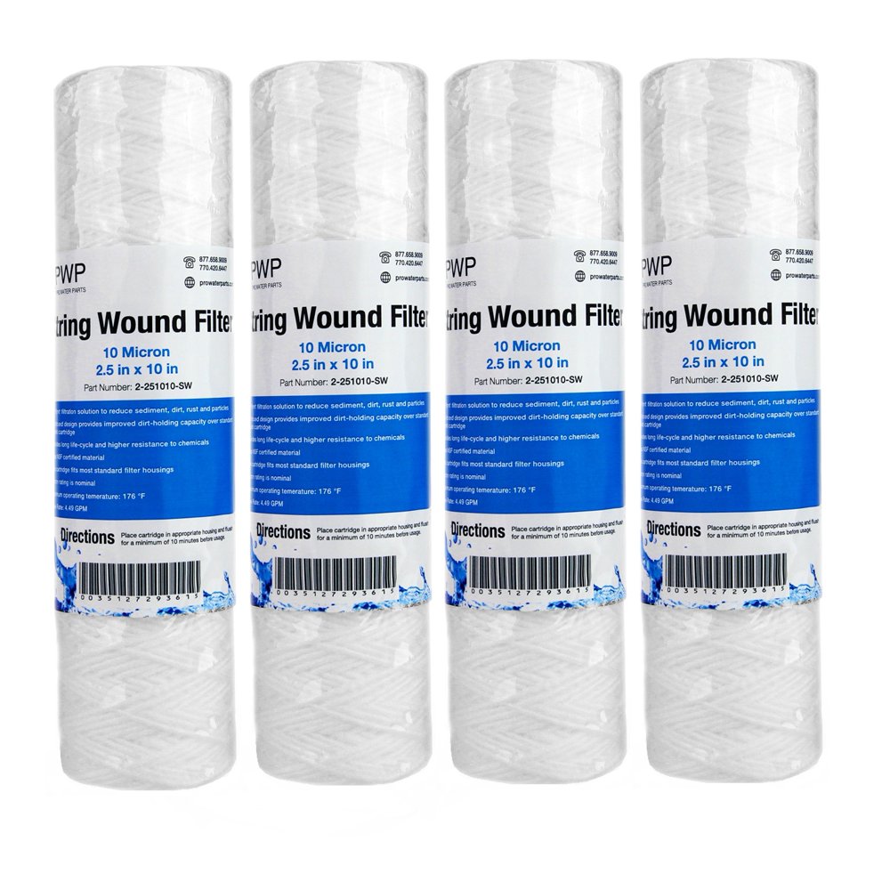String Wound Sediment Water Filter Cartridge Standard 2.5x10" 10 Micron 4 Pack