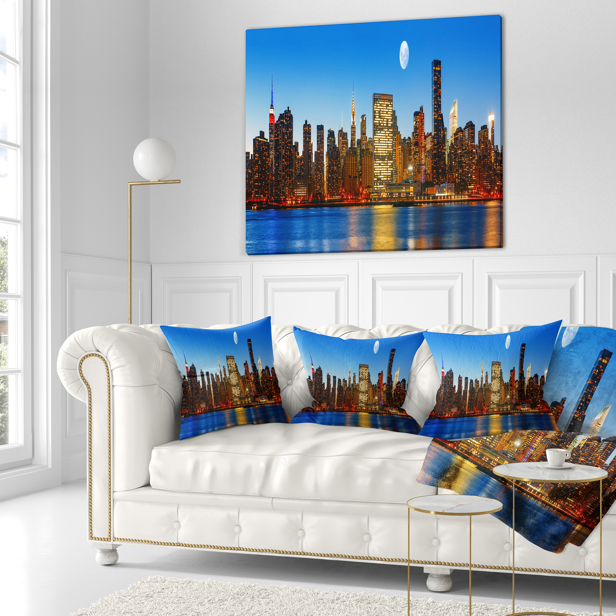 Designart Late Evening NYC Skyline Panorama - Cityscape Photo Throw Pillow - 18x18