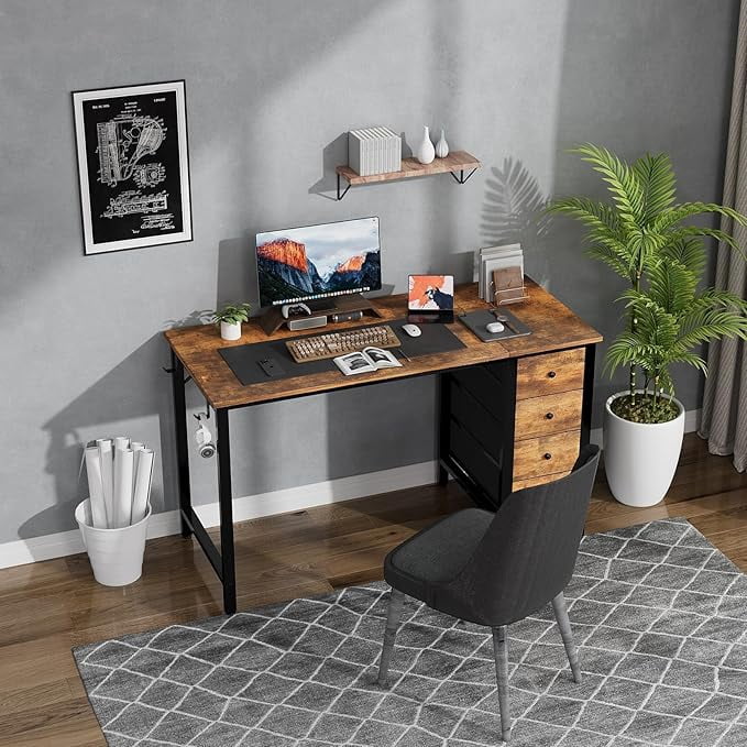 Lufeiya 47 inch Computer Desk with 4 Fabric Drawers, Writing Work Study Desk for Home Office Bedroom, Modern Simple Student PC Desks, Rustic Brown