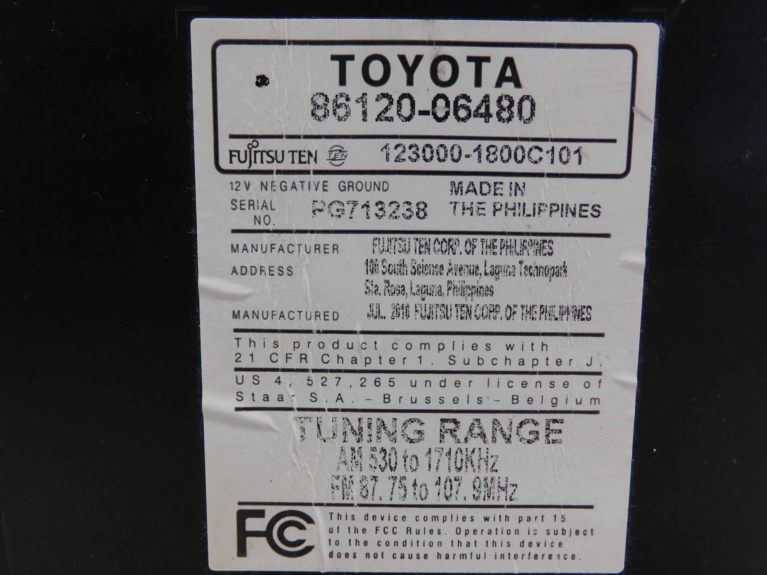 Pre-Owned 10 11 Toyota Camry CD Player Radio 11846 OEM LKQ - Verify Specific Vehicle Fitment In Description - (Good)