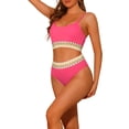 thumbnail image 4 of Conjuntos de bikini de dos piezas de talle alto con canalé para mujer, traje de baño con tirantes ajustables, color rosa rojo, talla X-Large, 4 of 5
