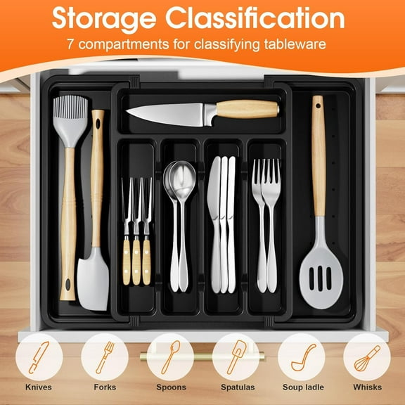 Silverware Organizer，Adjustable & Expandable Utensil Drawer Organizer, Utensil Holder, Cutlery Tray for Forks, Spoons, Knives in Kitchen, Black