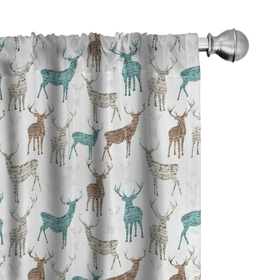 Ambesonne Deer Curtains, Old Text Animals Christmas, Pair of 28"x84", Turquoise Brown Beige