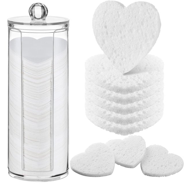 YBQF 120 Pcs Compressed Facial Sponges with Container Face Sponge Disposable Sponge Pads for Washing Face Cleansing Exfoliating Esthetician Makeup Removal(White, Heart)