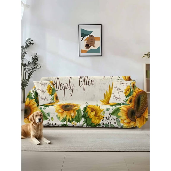 Yellow Sunflower Couch Cover for 2 Cushion Sofa, Summer Botanical Elegant Pastoral Floral Washable Loveseat Sofa Covers Slipcover for Sectional Sofas L-Shaped, Couch Throw Cover 71"x118"