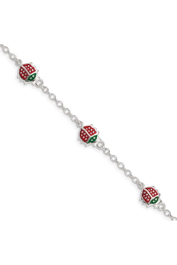 Sterling Silver Red Enamel Ladybugs Childs 5In Plus 1In Ext Bracelet Made In India qg1334-6