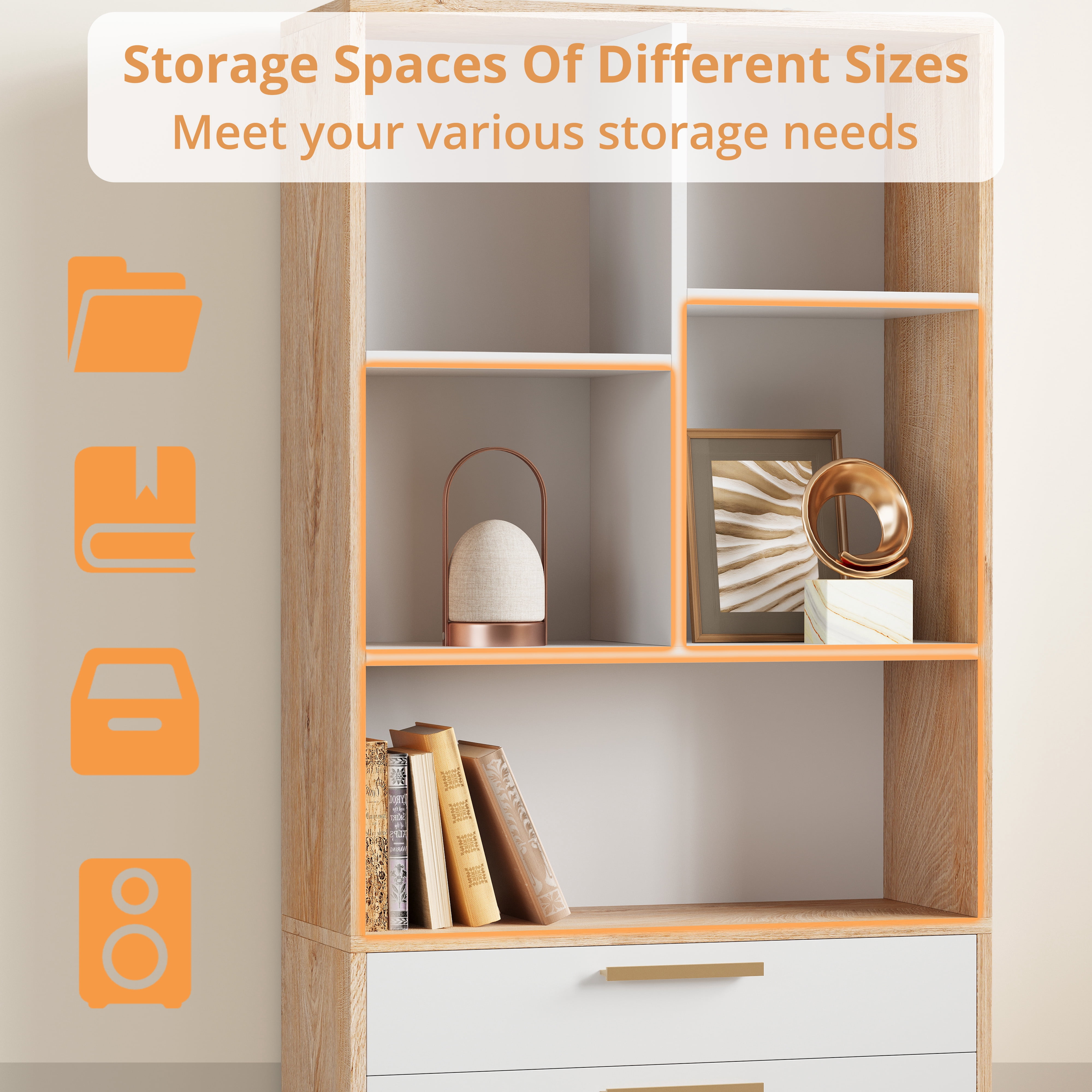 ModernMate 59" Tall Wooden Bookcase with 2 Drawers, Modern Bookshelf with Doors, 8 Open Storage Cubes, Storage Organizer Freestanding Rack for Living Room Home Office Study Room
