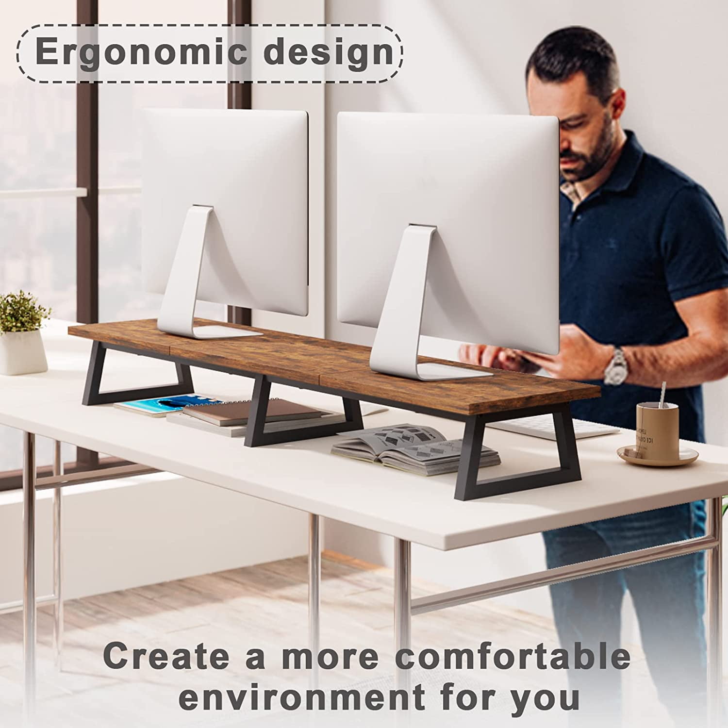 Large Dual Monitor Riser Rustic Brown Extra-Long TV Stand Wood & Steel Desktop Storage Riser for Dual Screen Office Desk Organization