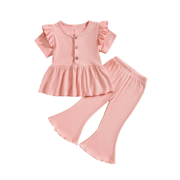 tarylea Baby Girl Clothes Half Button Ruffled Short Sleeve Tunic Bell Bottom Flare Pants Solid Color Ribbed Suits Summer Casual Loose Toddler Dailywear Suit for 1-5 Years