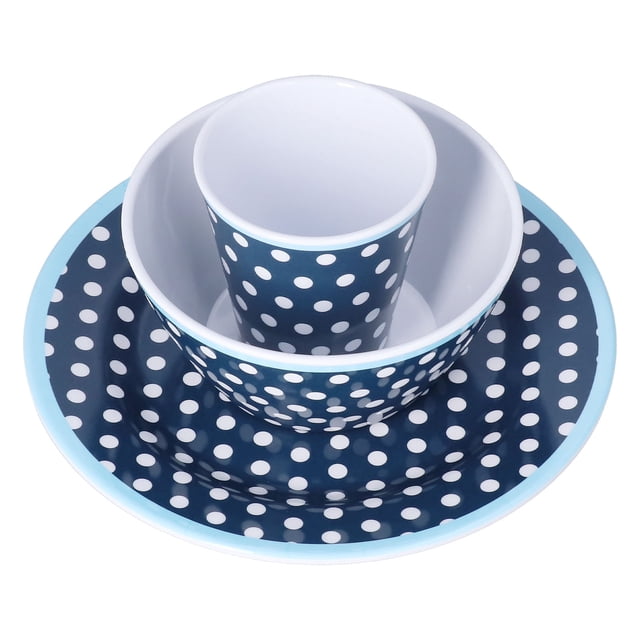 3 Piece Set of Salad Tableware Fruit Snack Plate Bowl and Cup Set Salad TablewareDark Blue Dots