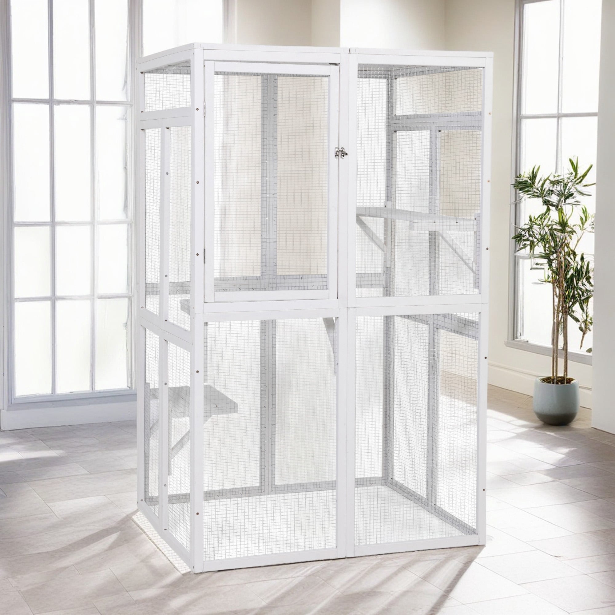 Pefilos 64" Cat House Outdoor Catio Cat Enclosures Wooden Kitty House with Platforms, Waterproof Roof, Hammock, White