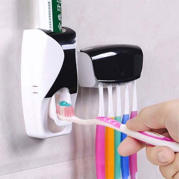 Automatic Toothbrush Dispenser Wall Mount Toothpaste Squeezer and Toothbrush Holder Set for Kids Family Bathroom Use (Black)
