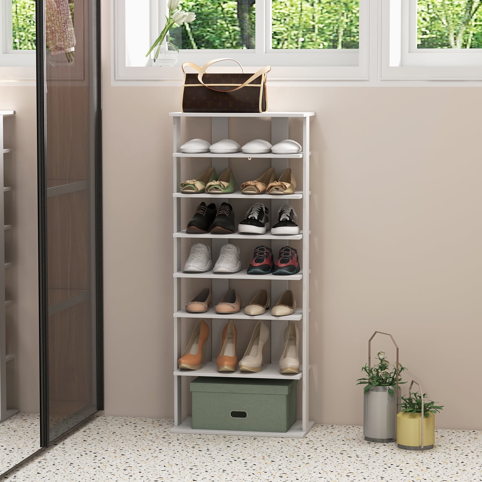 Patiojoy 7-Tier Double Rows Shoe Rack Vertical Wooden Shoe Storage Organizer patented White