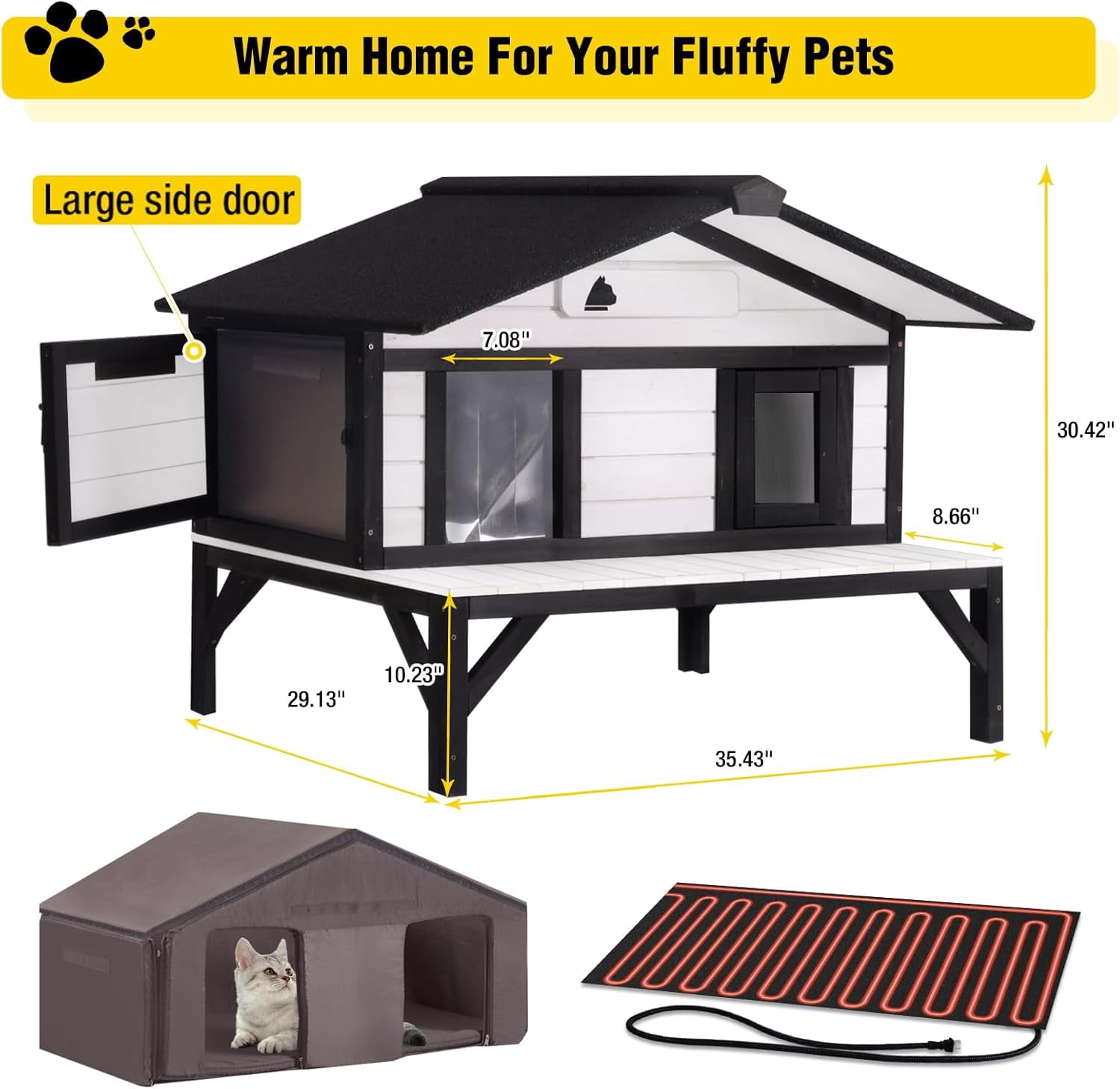 Aivituvin Heated Cat House for Outside Large Outdoor Cat House Insulated Weatherproof Feral Cat Shelter with Heating Pad, Insulated Thermal Liner, Chewproof Cable for 1-4 Cats, Winter-Ready (Black)