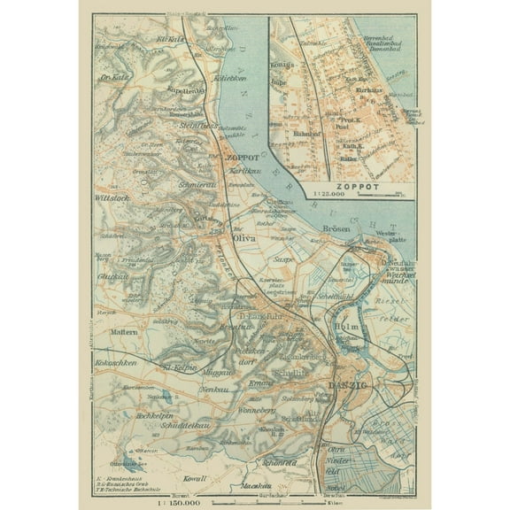 Historic Map - Sopot Poland - Baedeker 1914 - 23 x 33.24 - Vintage Wall Art