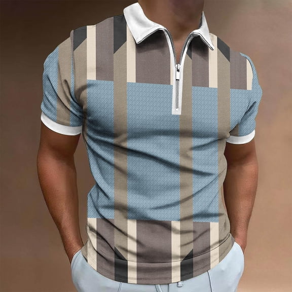 Njoeus Men's Athletic Shirts & Tees Boys Shirts Men Casual Printed Short Sleeve Turn Down Collar Zipper T-Shirt Blouse Tops Graphic Tees