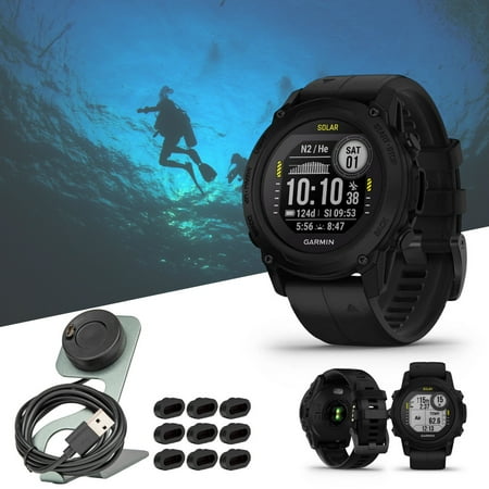 Garmin Descent G1 Solar Dive 45mm GPS Smartwatch (Black) Bundle with Focus Camera Charger Stand for Garmin Smartwatches and Focus Charger Port Protectors (9-Pack) (3 Items)