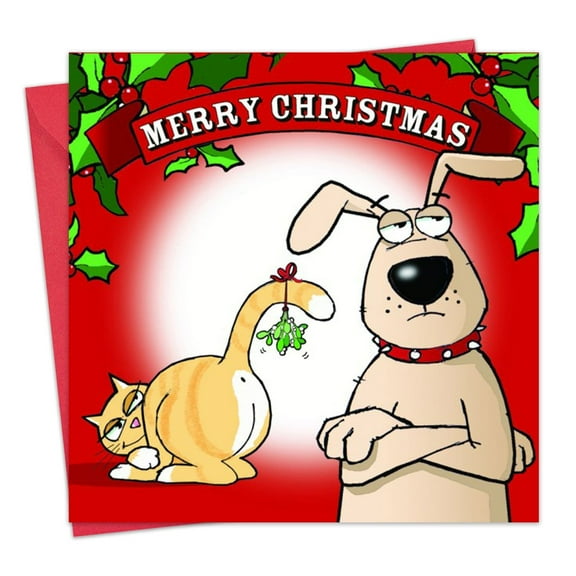 Twizler Funny Christmas Card - Dog & Cat Mistletoe - Humor Dog Christmas Card - Cat Merry Xmas Card