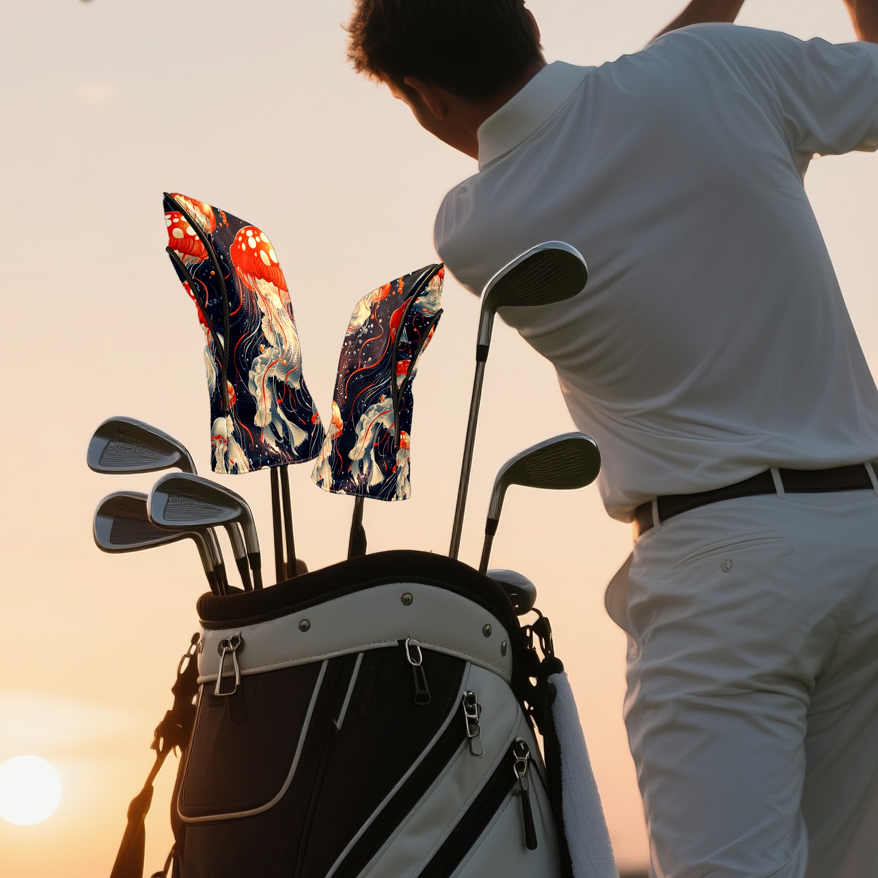 Golf Club Covers PU Leather Waterproof Head Covers for Fairway Woods Hybrids Red Jellyfish