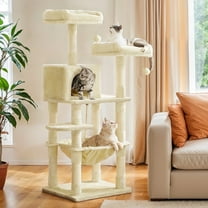 LEDREM 56.3" Cat Tree for Multiple Cats - Multi-Level Cat Condo with 11 Scratching Posts, 2 Perches & Hammock, Beige