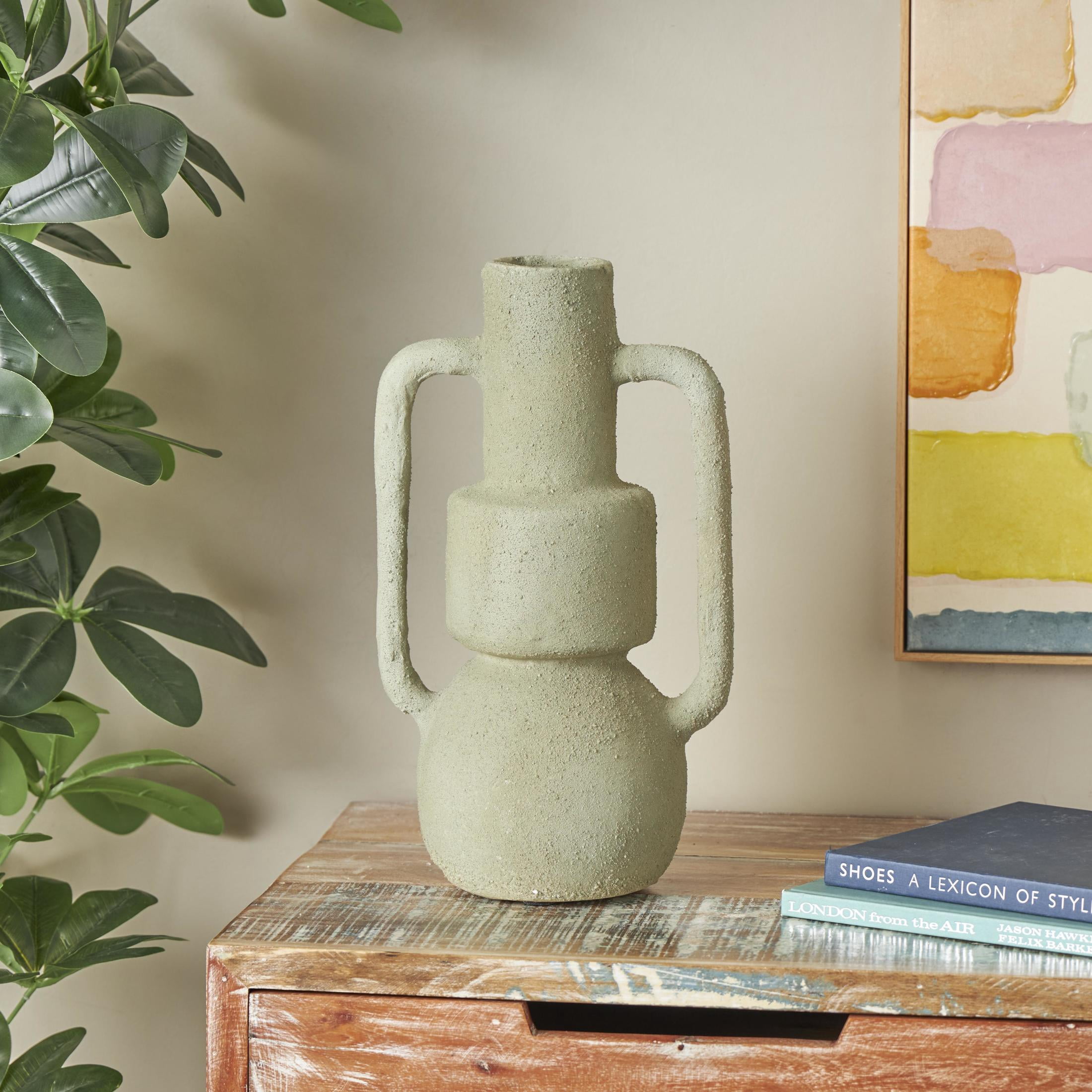 DecMode 16" Abstract Textured Light Gray Paper Mache Vase with Squared Handles