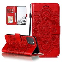Case for iPhone 13 Pro, Premium PU Leather Magnetic Flip Wallet Case with Card Holder Cash Slot Lanyard Strap Kickstand Function Embossed Mandala Flower Pattern Shockproof Cover - Red