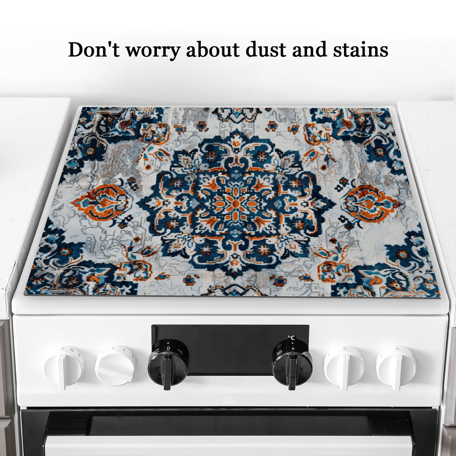 Kitchen Stove Top Covers, Vintage Bohemia Mandala Flower Print Glass Heat Resistant Non-Slip Stovetop Protector Mat, Square Washable Foldable Pad for Kitchen RV (28×20 Inch)
