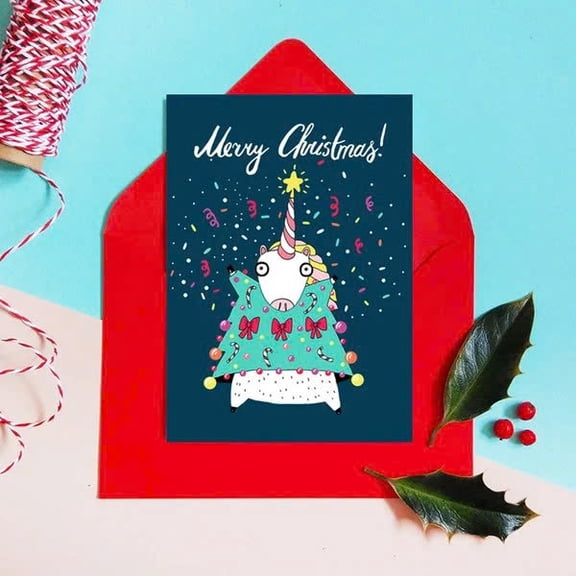 Funny Unicorn Christmas Card "Merry Christmas!" Greeting with Colorful Illustration Envelope Included, Blank Inside Perfect for Holiday Wishes and Cheer