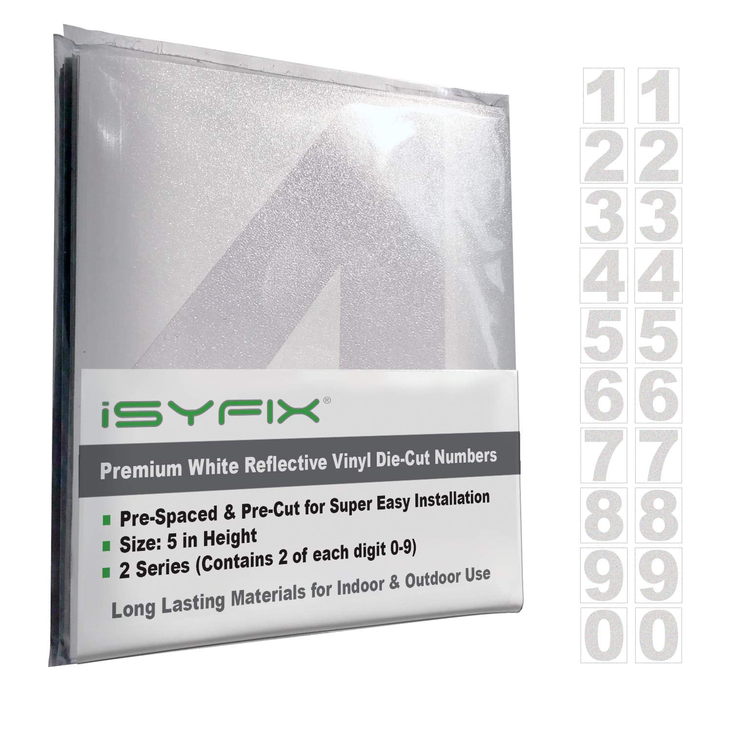 iSYFIX Reflective WhiteSilver Vinyl Numbers Stickers (2 Sets) 5 Inch