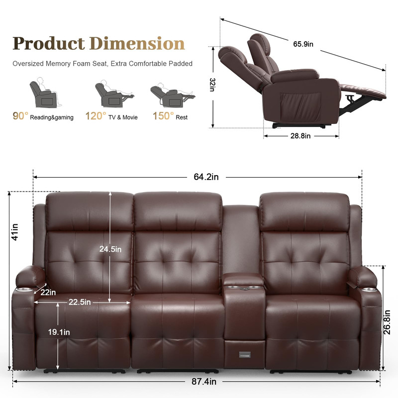 LOBERFVE Loveseat, 3 Seater Manual Recliner with Cup Holders, USB and Type-C Port, Faux Leather Recliner Chair with Massage Function for Living Room Furniture, Brown